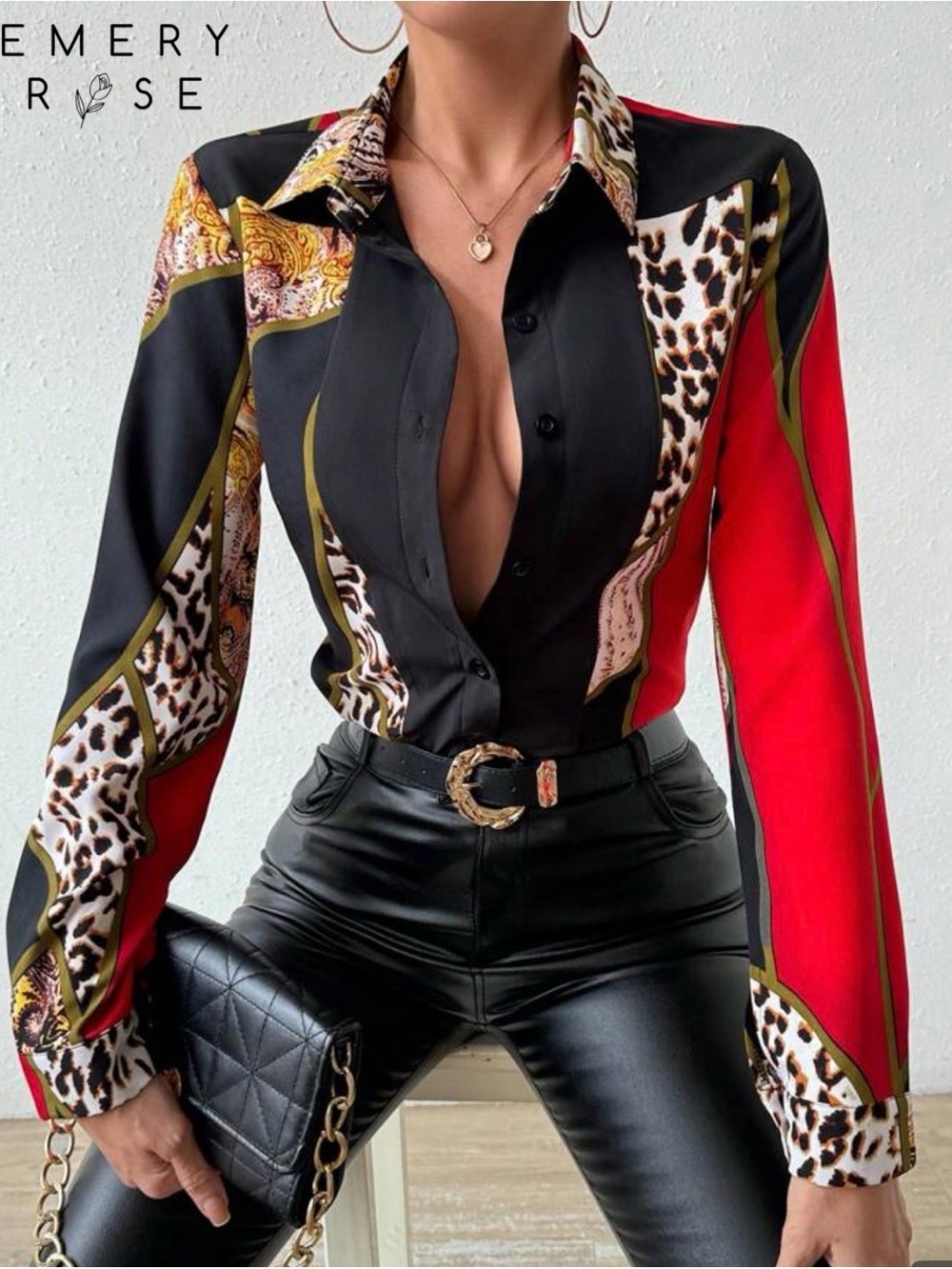 Red & Black Patchwork Satin Button-Up Top